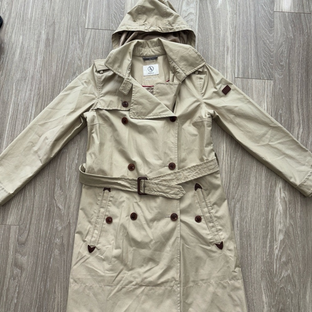 AIGLE Belt Button Retro Case Cotton Blend Trench Coat Khaki Beige Hood Pocket
